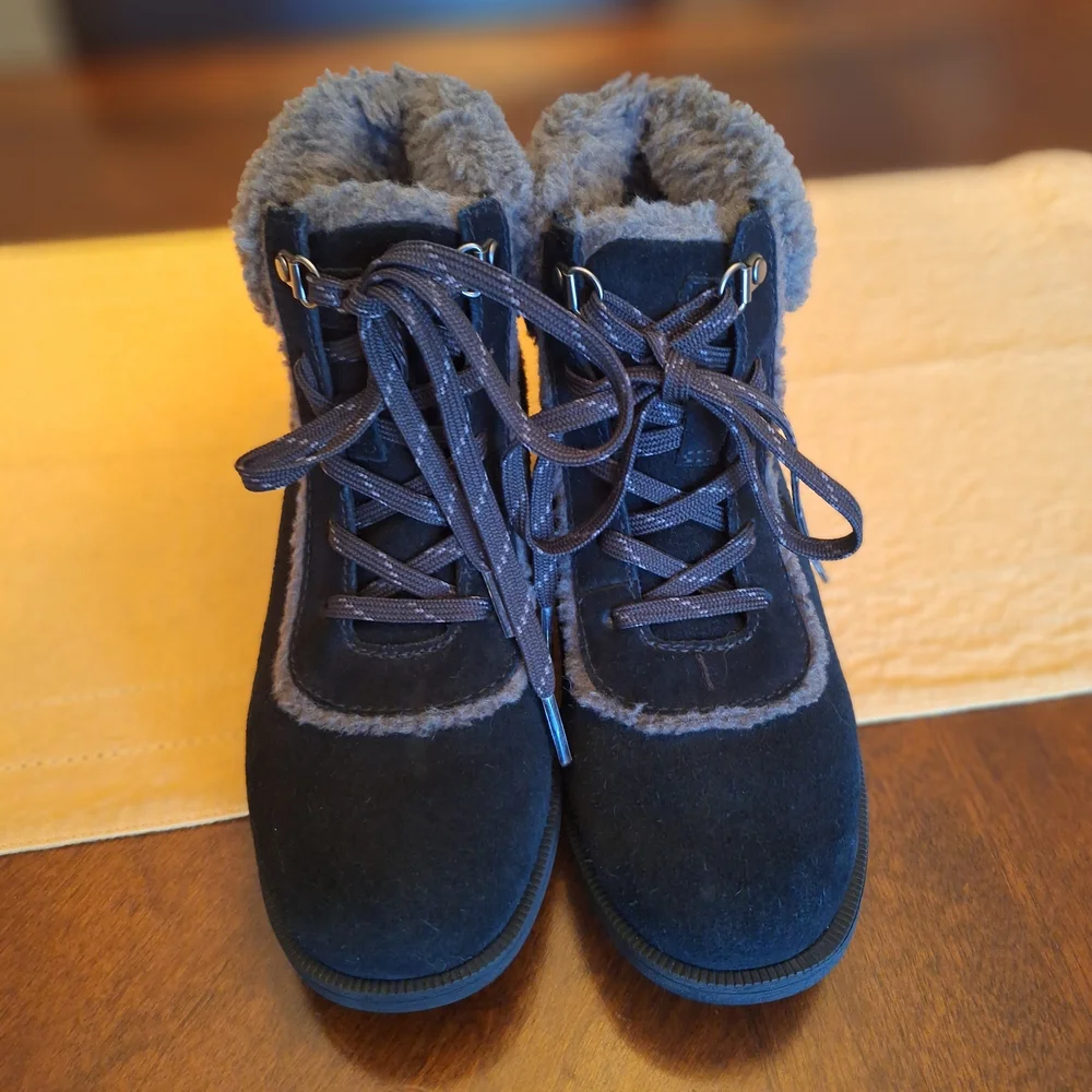 Womens Bodie Ugg Black Suede Fur-Trim Lace-Up Boots Winter Warm 6.5
